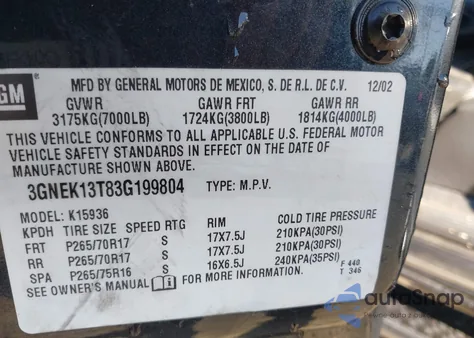 2003 Chevrolet Avalanche 1500 from USA, damaged, VIN 3GNEK13T83G199804